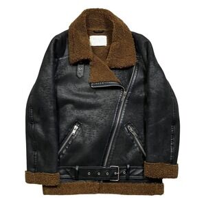 Zara Aviator Moto Jacket Womens Faux Leather Sherpa Lined Black Brown Size XS